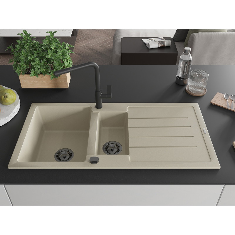 Mexen Andres Granitspüle 1,5-Becken mit Abtropffläche und Küchenarmatur Flora, beige - 6515-69-670401-70-B