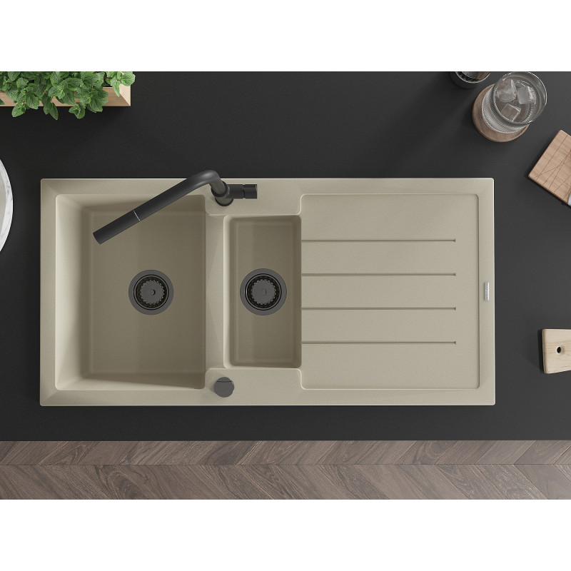 Mexen Andres Granitspüle 1,5-beckig mit Abtropffläche und Küchenarmatur Flora, beige - 6515-69-670401-70-B