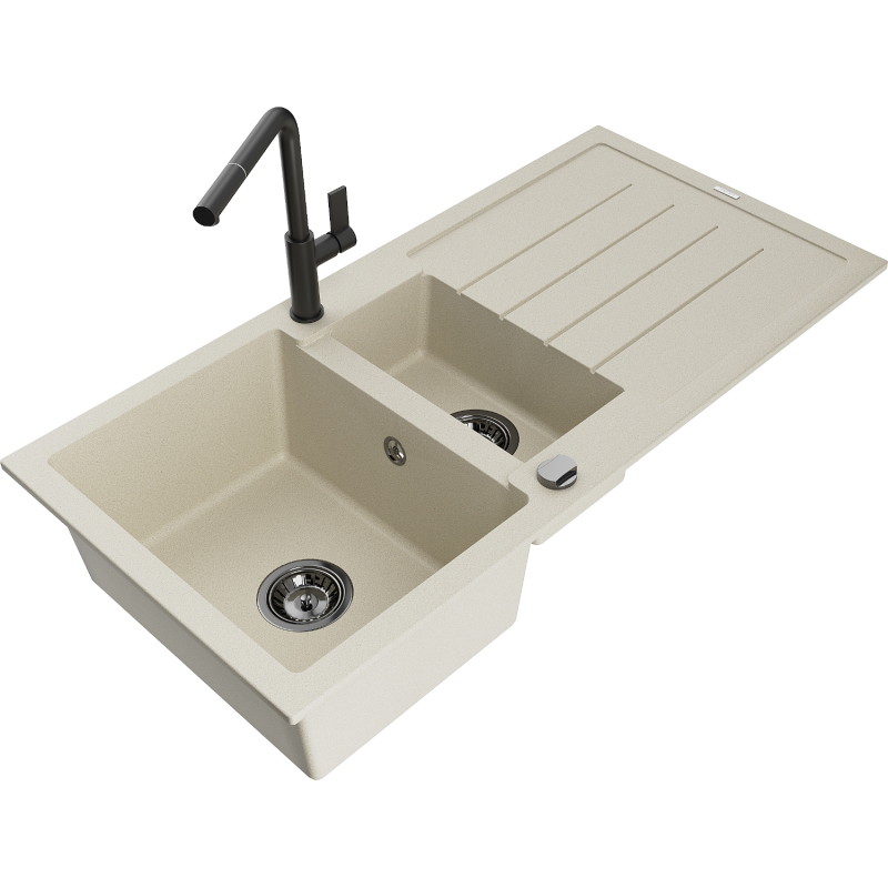 Mexen Andres Granitspüle 1,5-Becken mit Abtropffläche und Küchenarmatur Flora, beige - 6515-69-670401-70-B