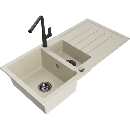 Mexen Andres Granitspüle 1,5-Becken mit Abtropffläche und Küchenarmatur Flora, beige - 6515-69-670401-70-B