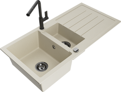 Mexen Andres Granitspüle 1,5-beckig mit Abtropffläche und Küchenarmatur Flora, beige - 6515-69-670401-70-B