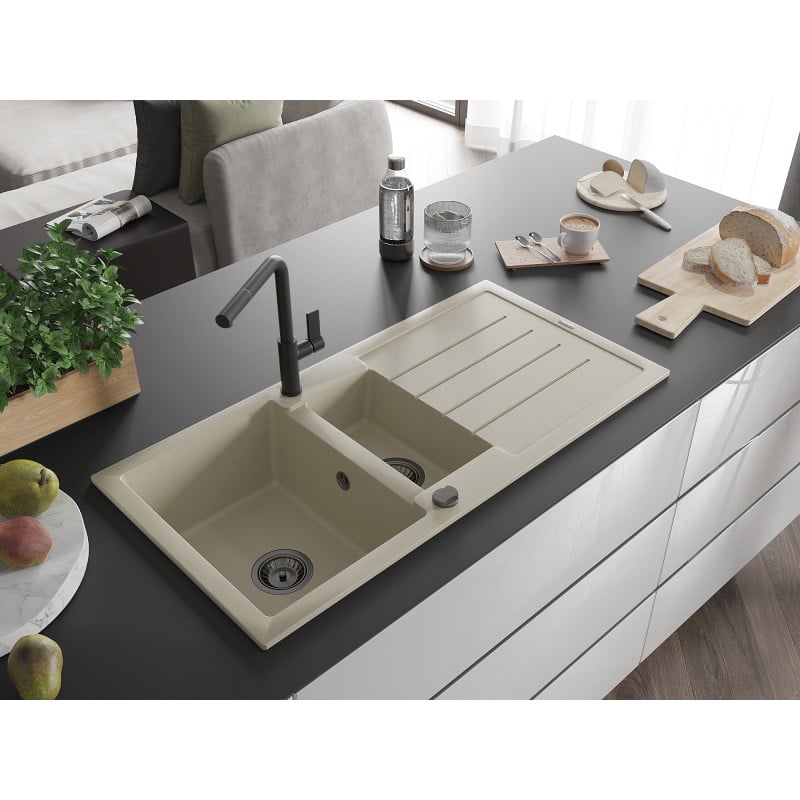 Mexen Andres Granitspüle 1,5-beckig mit Abtropffläche und Küchenarmatur Flora, beige - 6515-69-670401-70-B