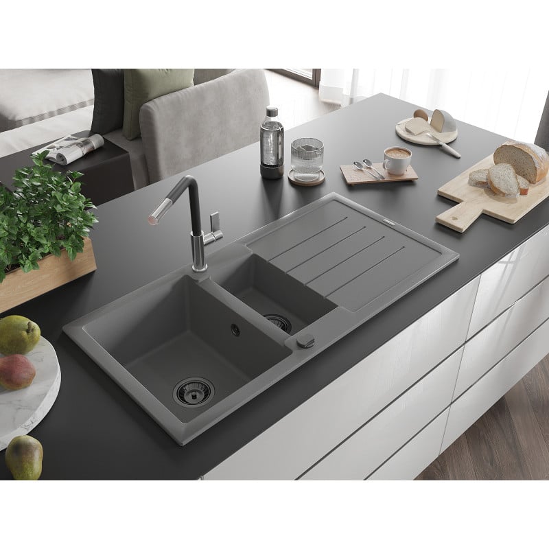 Mexen Andres Granitspüle 1,5-Becken mit Abtropffläche und Küchenarmatur Flora, grau - 6515-71-670401-07-B