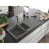 Mexen Andres Granitspüle 1,5-Becken mit Abtropffläche und Küchenarmatur Flora, grau - 6515-71-670401-07-B
