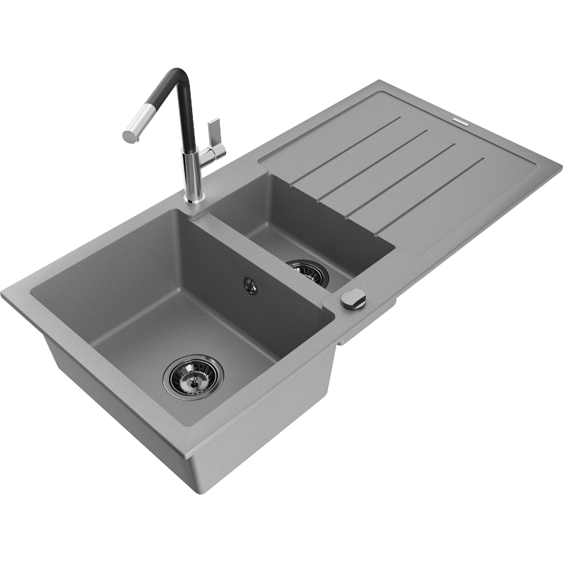 Mexen Andres Granitspüle 1,5-Becken mit Abtropffläche und Küchenarmatur Flora, grau - 6515-71-670401-07-B