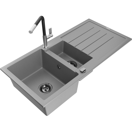 Mexen Andres Granitspüle 1,5-Becken mit Abtropffläche und Küchenarmatur Flora, grau - 6515-71-670401-07-B