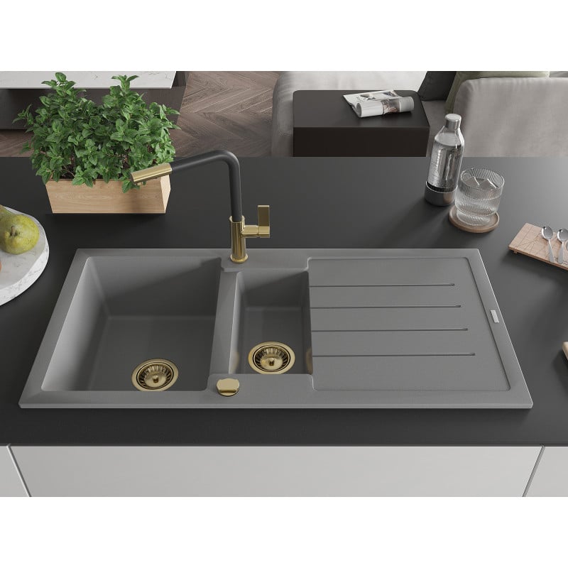 Mexen Andres Granitspüle 1,5-Becken mit Abtropffläche und Küchenarmatur Flora, grau - 6515-71-670401-57-G