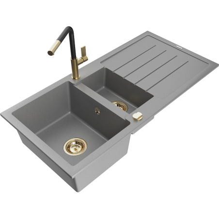 Mexen Andres 1,5-Schalen Granitspüle mit Abtropffläche und Küchenarmatur Flora, grau - 6515-71-670401-57-G