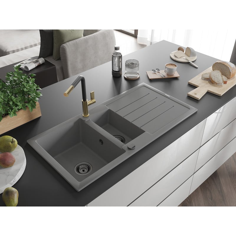 Mexen Andres Granitspüle 1,5-Becken mit Abtropffläche und Küchenarmatur Flora, grau - 6515-71-670401-57-B