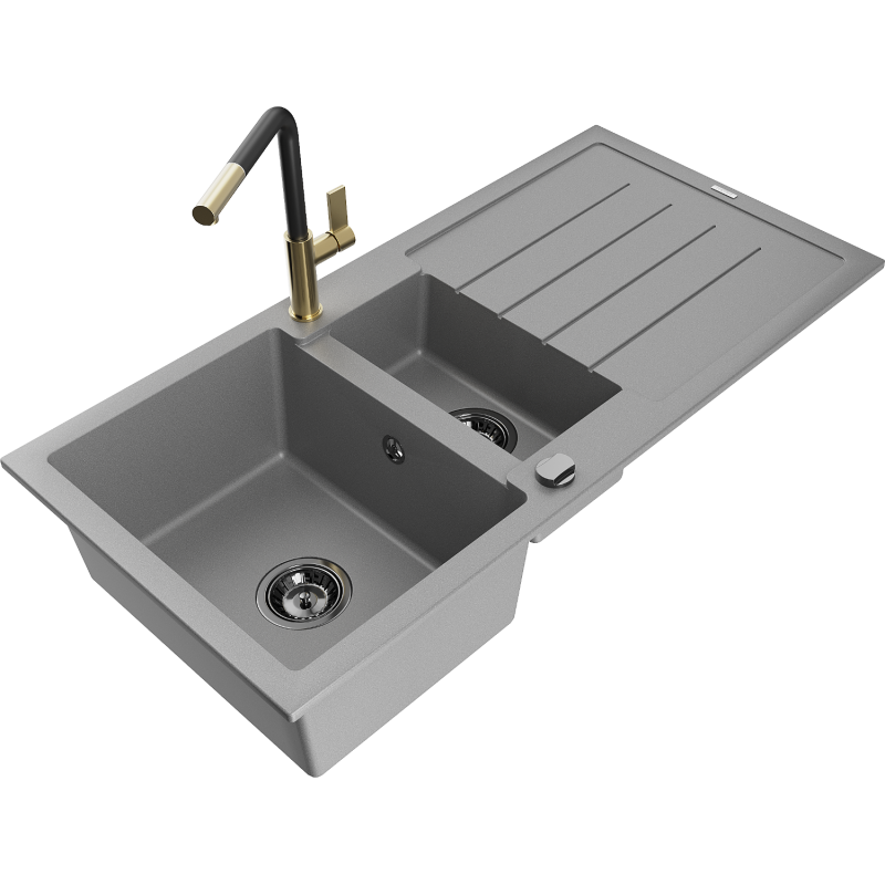 Mexen Andres Granitspüle 1,5-Becken mit Abtropffläche und Küchenarmatur Flora, grau - 6515-71-670401-57-B