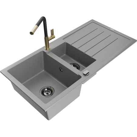 Mexen Andres Granitspüle 1,5-Becken mit Abtropffläche und Küchenarmatur Flora, grau - 6515-71-670401-57-B