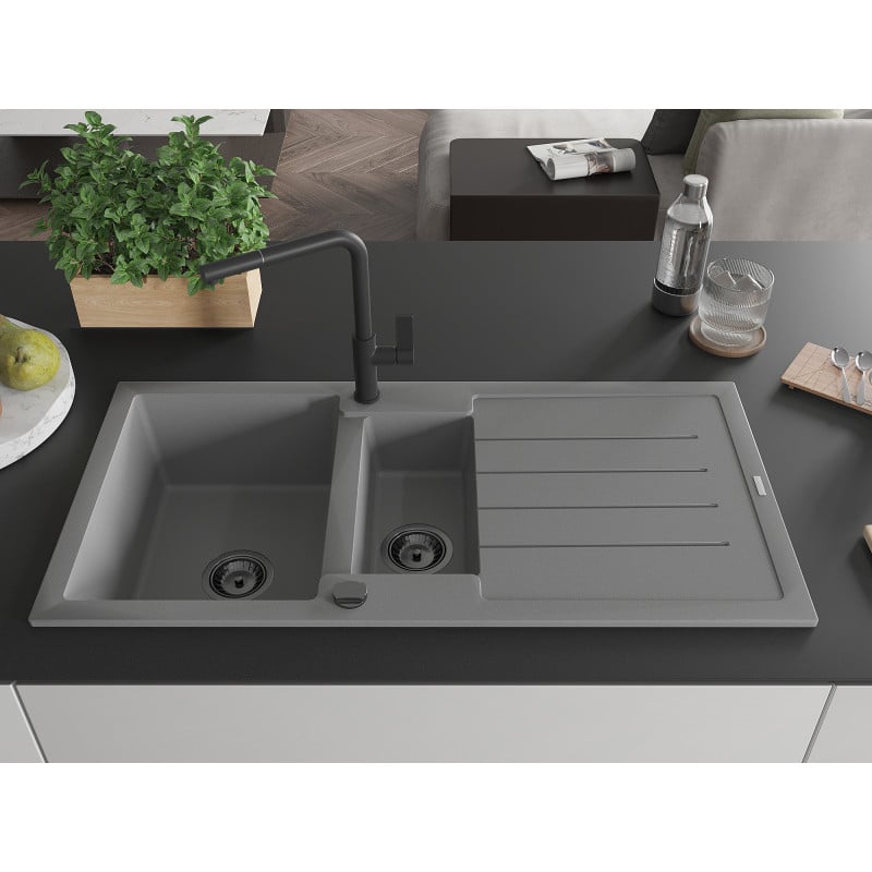 Mexen Andres Granitspüle 1,5-Becken mit Abtropffläche und Küchenarmatur Flora, grau - 6515-71-670401-70-B