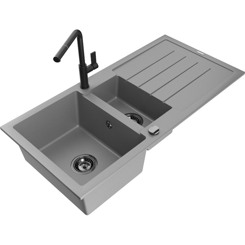 Mexen Andres granitspüle 1,5-fach mit Abtropffläche und Küchenarmatur Flora, grau - 6515-71-670401-70-B