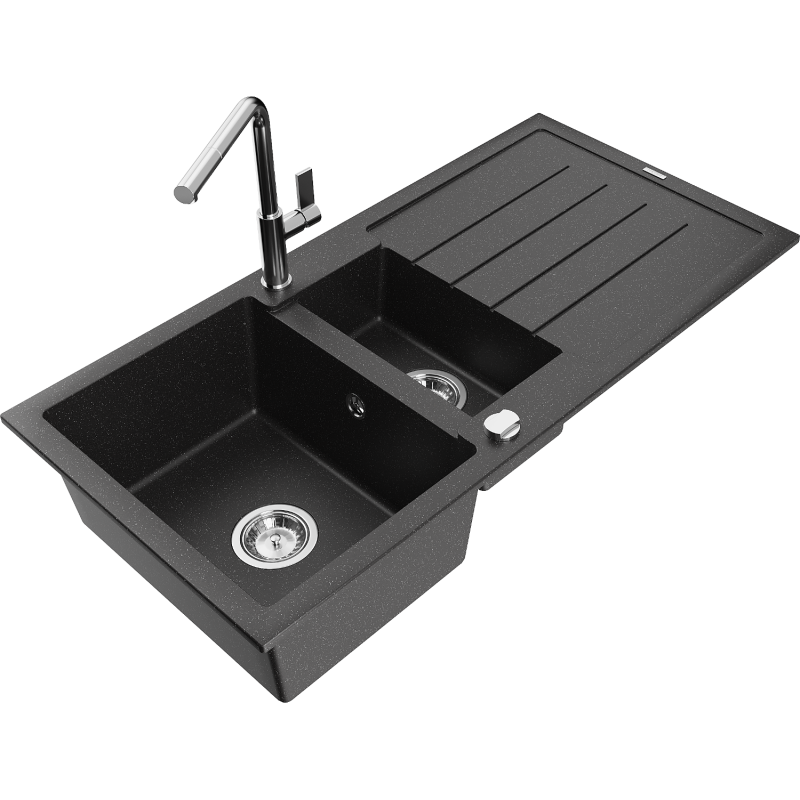 Mexen Andres Granitspüle 1,5-Becken mit Abtropffläche und Küchenarmatur Flora, schwarz/silber - 6515-73-670401-00