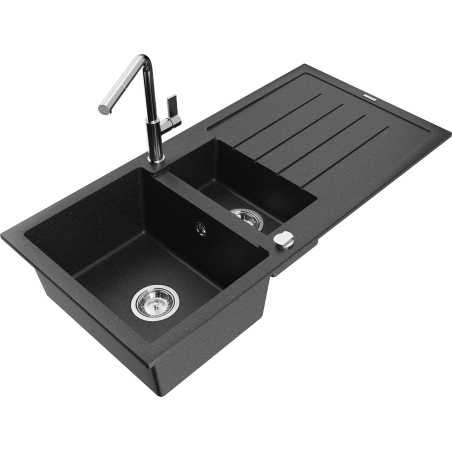Mexen Andres Granitspüle 1,5-Becken mit Abtropffläche und Küchenarmatur Flora, schwarz/silber - 6515-73-670401-00