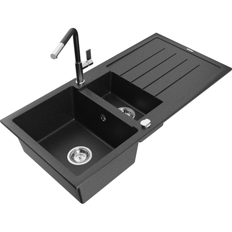 Mexen Andres Granitspüle 1,5-becken mit Abtropffläche und Küchenarmatur Flora, schwarz/silber - 6515-73-670401-07