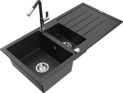 Mexen Andres 1,5-Kammer-Granitzufall mit Abtropffläche und Küchenarmatur Flora, schwarz/silber - 6515-73-670401-07