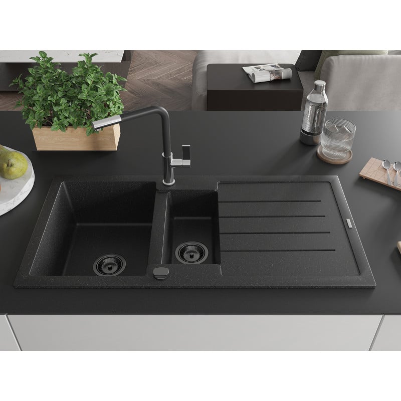 Mexen Andres Granitspüle 1,5-becken mit Abtropffläche und Küchenarmatur Flora, schwarz/silber - 6515-73-670401-07-B