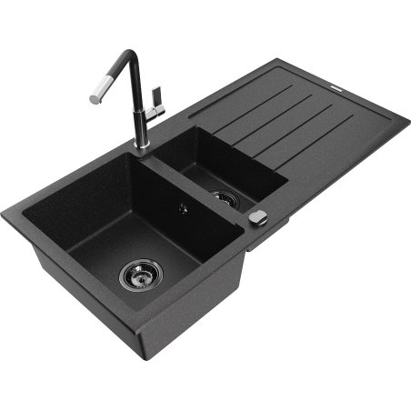 Mexen Andres Granitspüle 1,5-becken mit Abtropffläche und Küchenarmatur Flora, schwarz/silber - 6515-73-670401-07-B