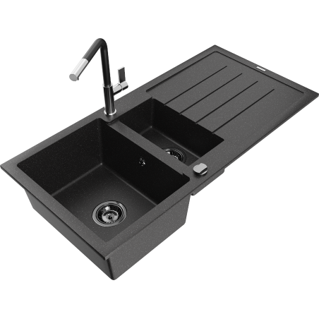 Mexen Andres Granitspüle mit 1,5 Becken, Abtropffläche und Küchenarmatur Flora, schwarz/silber - 6515-73-670401-07-B