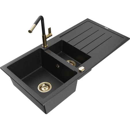 Mexen Andres Granitspüle 1,5-fach mit Abtropffläche und Küchenarmatur Flora, schwarz/silber - 6515-73-670401-57-G