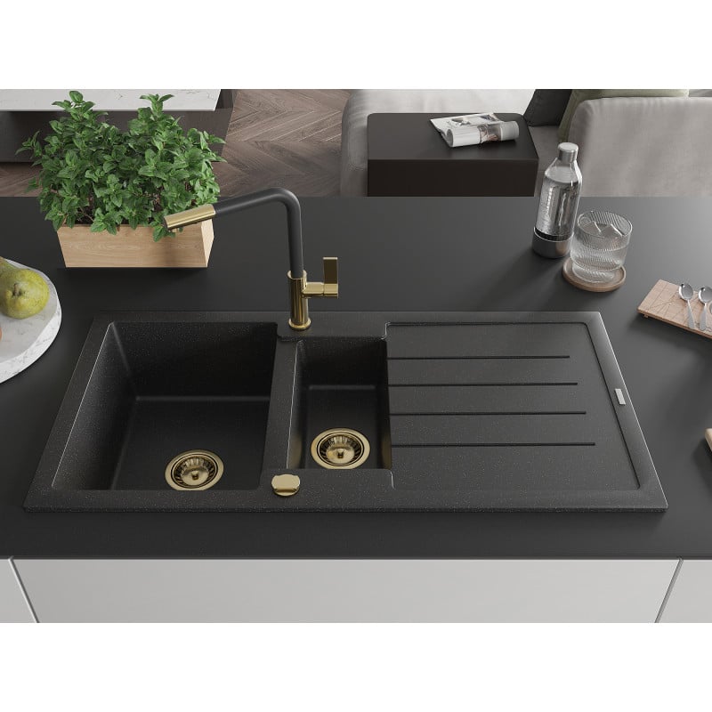 Mexen Andres Granitspüle 1,5-beckig mit Abtropffläche und Küchenarmatur Flora, schwarz/silber - 6515-73-670401-57-G