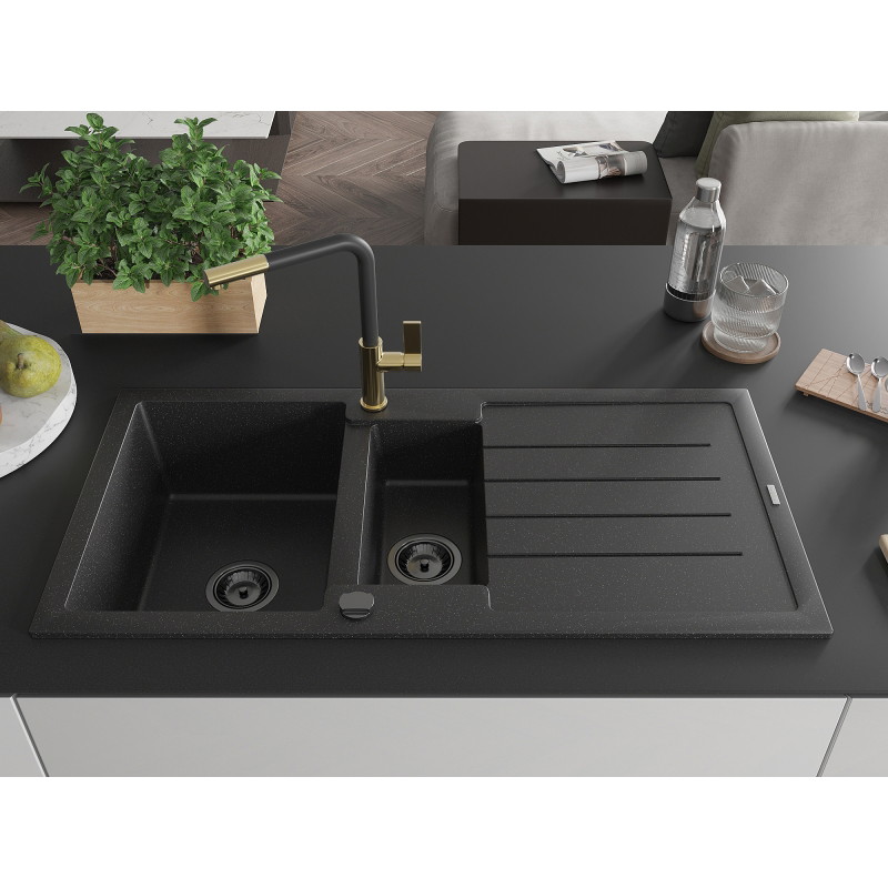 Mexen Andres Granitspüle 1,5-Becken mit Abtropffläche und Küchenarmatur Flora, schwarz/silber - 6515-73-670401-57-B