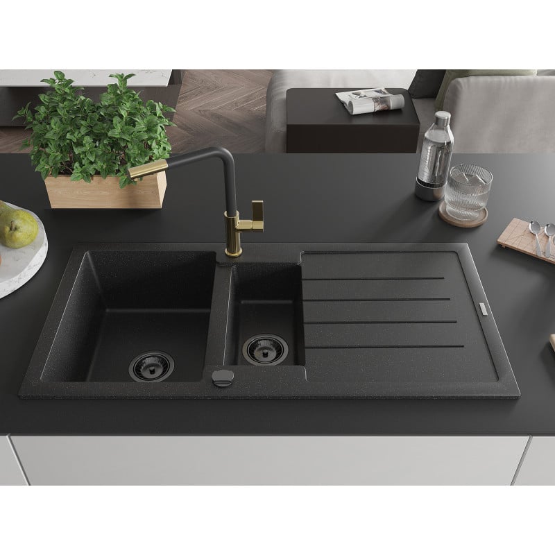 Mexen Andres Granitspüle 1,5-beckig mit Abtropffläche und Küchenarmatur Flora, schwarz/silber - 6515-73-670401-57-B