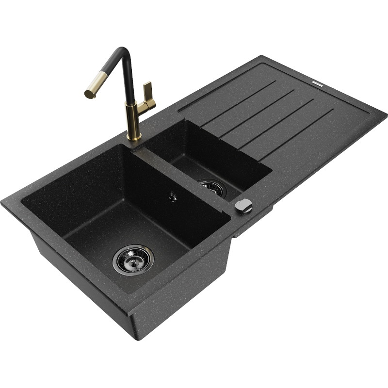 Mexen Andres Granitspüle 1,5-Becken mit Abtropffläche und Küchenarmatur Flora, schwarz/silber - 6515-73-670401-57-B