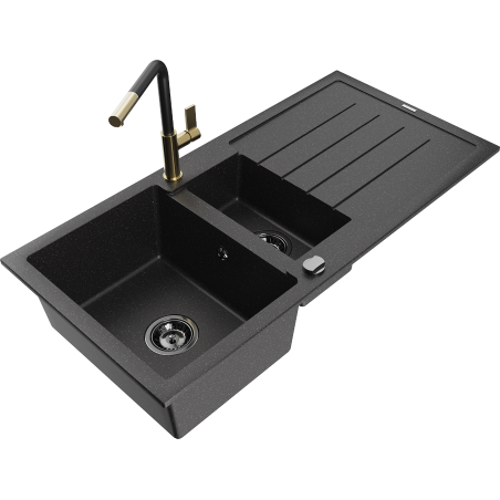 Mexen Andres Granitspüle 1,5-Becken mit Abtropffläche und Küchenarmatur Flora, schwarz/silber - 6515-73-670401-57-B