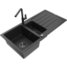Mexen Andres Granitspüle 1,5-Becken mit Abtropffläche und Küchenarmatur Flora, schwarz/silber - 6515-73-670401-70-B