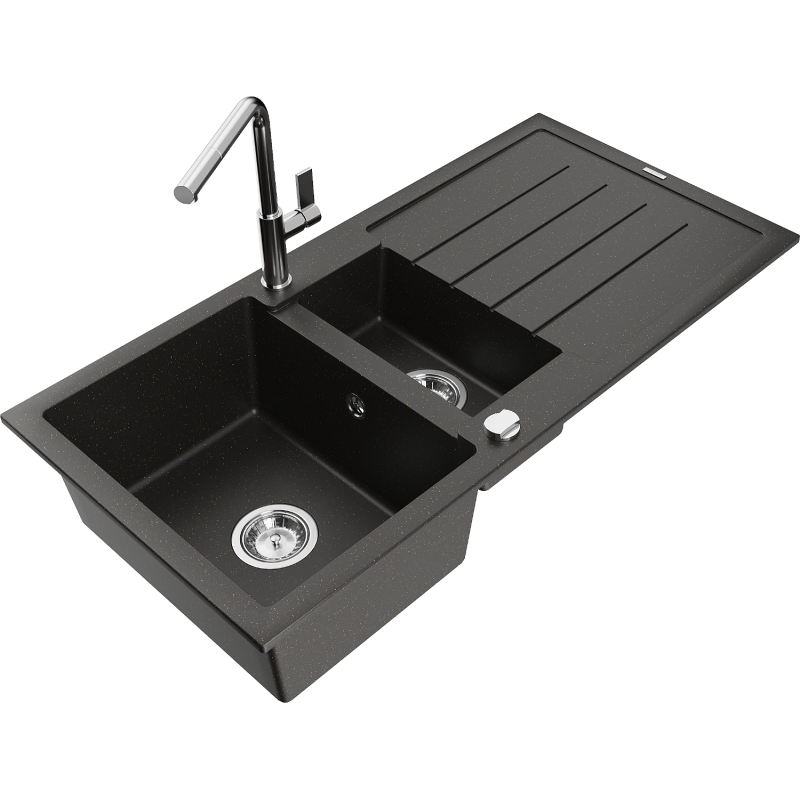 Mexen Andres Granitspüle 1,5 Becken mit Abtropffläche und Küchenarmatur Flora, schwarz/gold metallic - 6515-75-670401-00