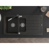Mexen Andres Granitspüle mit 1,5 Becken, Abtropfbereich und Küchenarmatur Flora, schwarz/goldmetallic - 6515-75-670401-07
