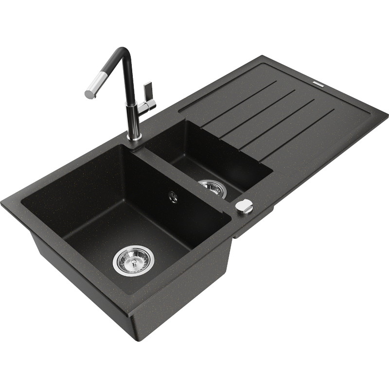 Mexen Andres Granitspüle mit 1,5 Becken, Abtropfbereich und Küchenarmatur Flora, schwarz/goldmetallic - 6515-75-670401-07