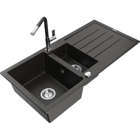 Mexen Andres Granitspüle mit 1,5 Becken, Abtropfbereich und Küchenarmatur Flora, schwarz/goldmetallic - 6515-75-670401-07