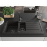 Mexen Andres Granit-Spüle 1,5-Becken mit Abtropffläche und Küchenarmatur Flora, schwarz/gold - 6515-75-670401-07-B