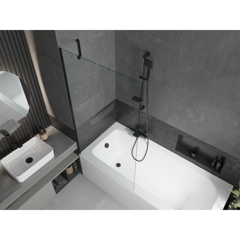 Mexen Vega Rechteckige Wanne 180 x 80 cm mit Verkleidung und 1-flügeligem Paravent 90 cm, transparent, schwarz