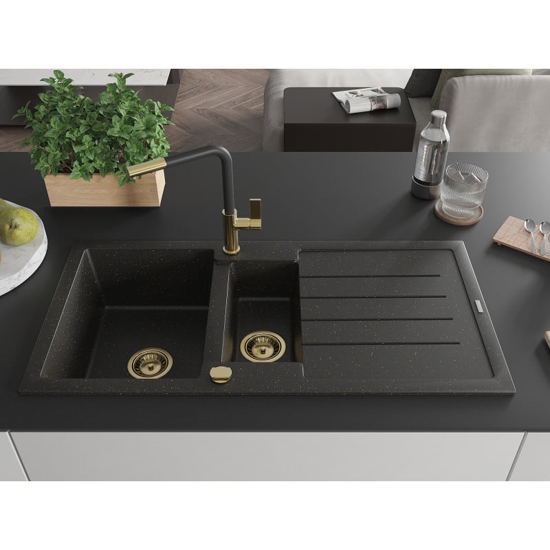 Mexen Andres Granitspüle 1,5-Becken mit Abtropffläche und Küchenarmatur Flora, schwarz/gold - 6515-75-670401-57-G