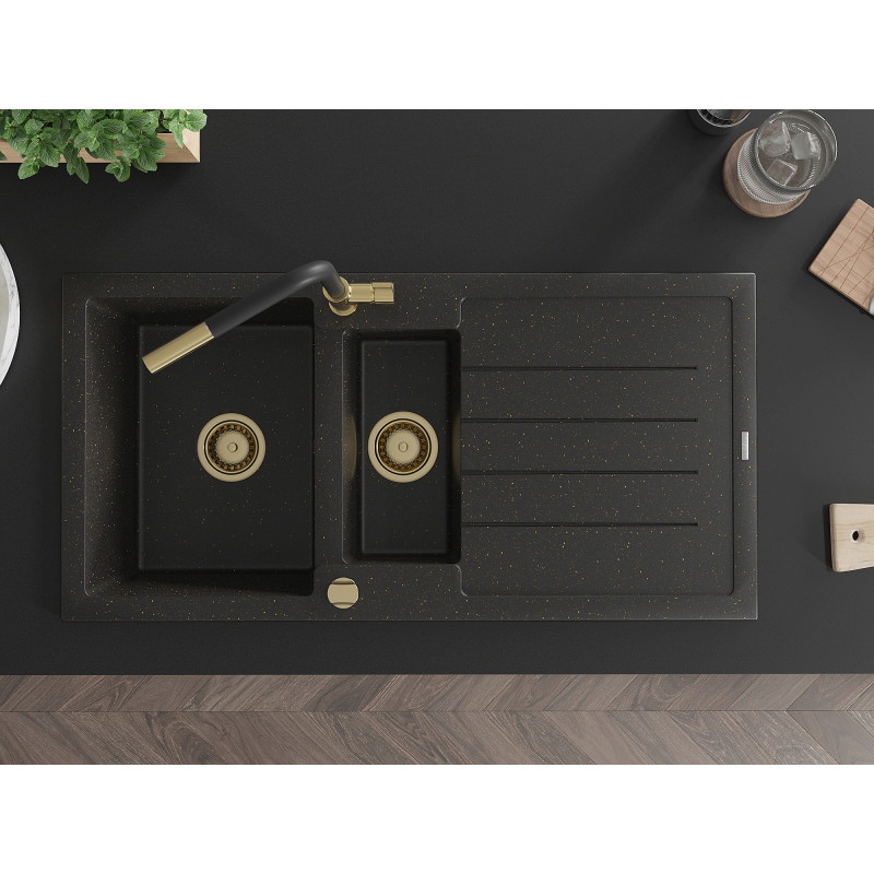 Mexen Andres 1,5-Kammer Granitspüle mit Abtropffläche und Küchenarmatur Flora, schwarz/gold - 6515-75-670401-57-G