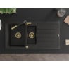 Mexen Andres Granitspüle 1,5-Becken mit Abtropffläche und Küchenarmatur Flora, schwarz/gold - 6515-75-670401-57-G