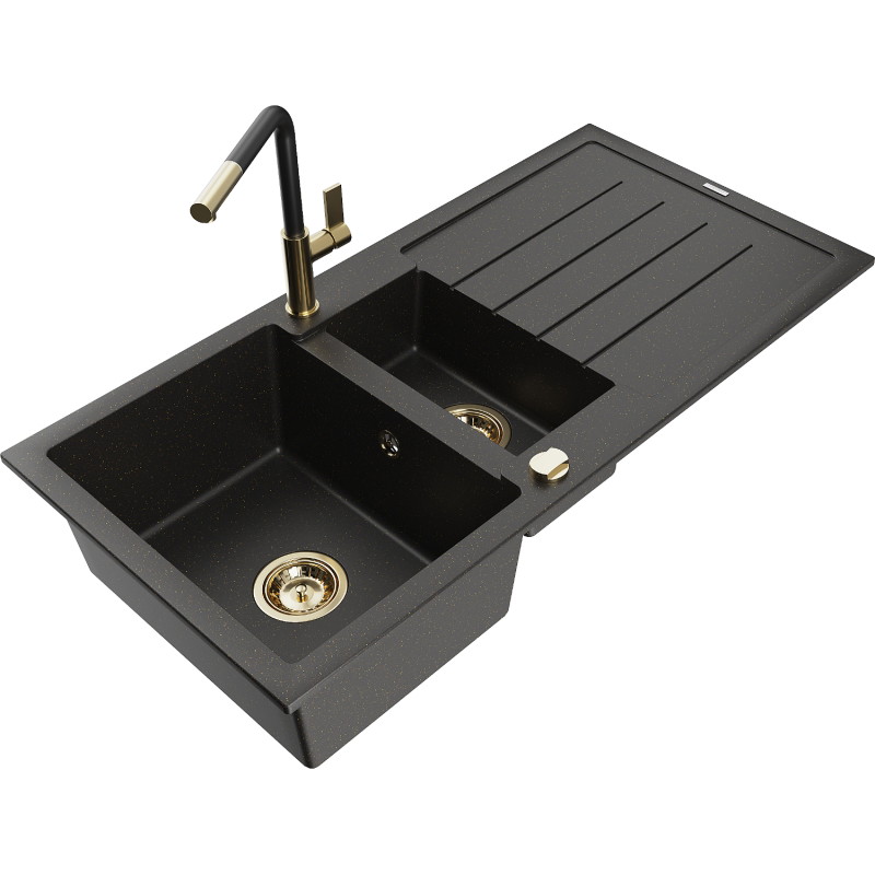 Mexen Andres 1,5-Kammer Granitspüle mit Abtropffläche und Küchenarmatur Flora, schwarz/gold - 6515-75-670401-57-G