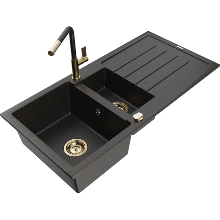 Mexen Andres Granitspüle 1,5-Becken mit Abtropffläche und Küchenarmatur Flora, schwarz/gold - 6515-75-670401-57-G