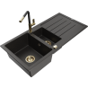 Mexen Andres 1,5-Kammer Granitspüle mit Abtropffläche und Küchenarmatur Flora, schwarz/gold - 6515-75-670401-57-G
