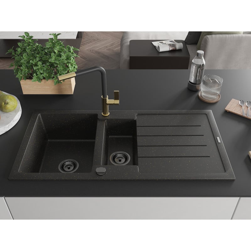 Mexen Andres Granitspüle 1,5-becken mit Abtropffläche und Küchenarmatur Flora, Schwarz/Gold - 6515-75-670401-57-B