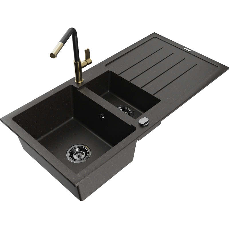 Mexen Andres Granitspüle 1,5-becken mit Abtropffläche und Küchenarmatur Flora, Schwarz/Gold - 6515-75-670401-57-B