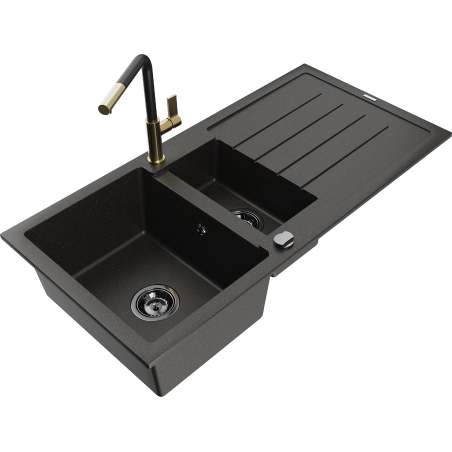 Mexen Andres Granitspüle 1,5-becken mit Abtropffläche und Küchenarmatur Flora, Schwarz/Gold - 6515-75-670401-57-B