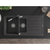 Mexen Andres Granitspüle mit 1,5 Becken, Abtropffläche und Küchenarmatur Flora, schwarz gesprenkelt - 6515-76-670401-07