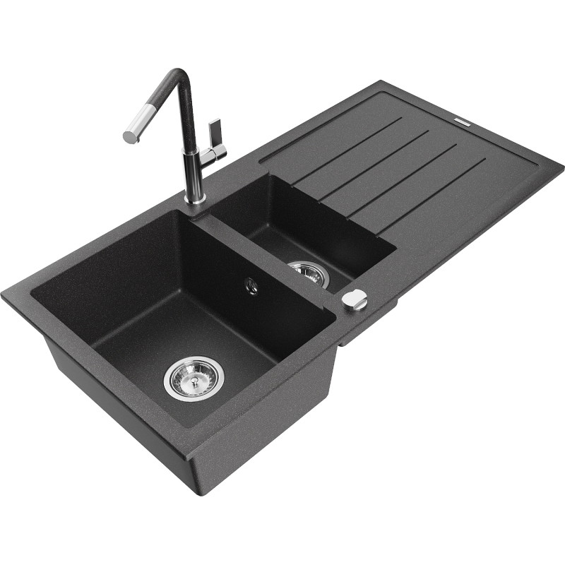 Mexen Andres 1,5-Kammer-Granitzspüle mit Abtropffläche und Küchenarmatur Flora, schwarz gesprenkelt - 6515-76-670401-08