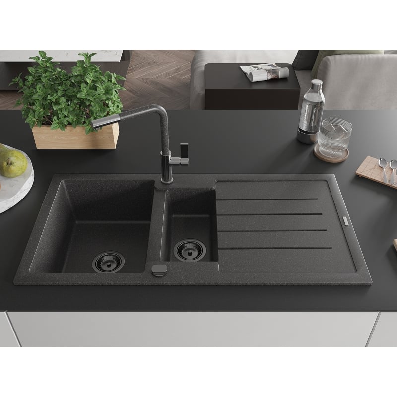 Mexen Andres Granitspüle 1,5-Becken mit Abtropffläche und Küchenarmatur Flora, schwarz gesprenkelt - 6515-76-670401-08-B