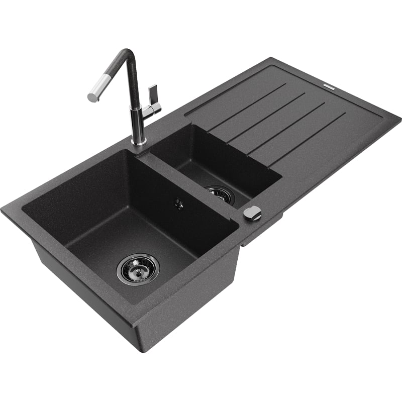 Mexen Andres Granitspüle 1,5-Becken mit Abtropffläche und Küchenarmatur Flora, schwarz gesprenkelt - 6515-76-670401-08-B